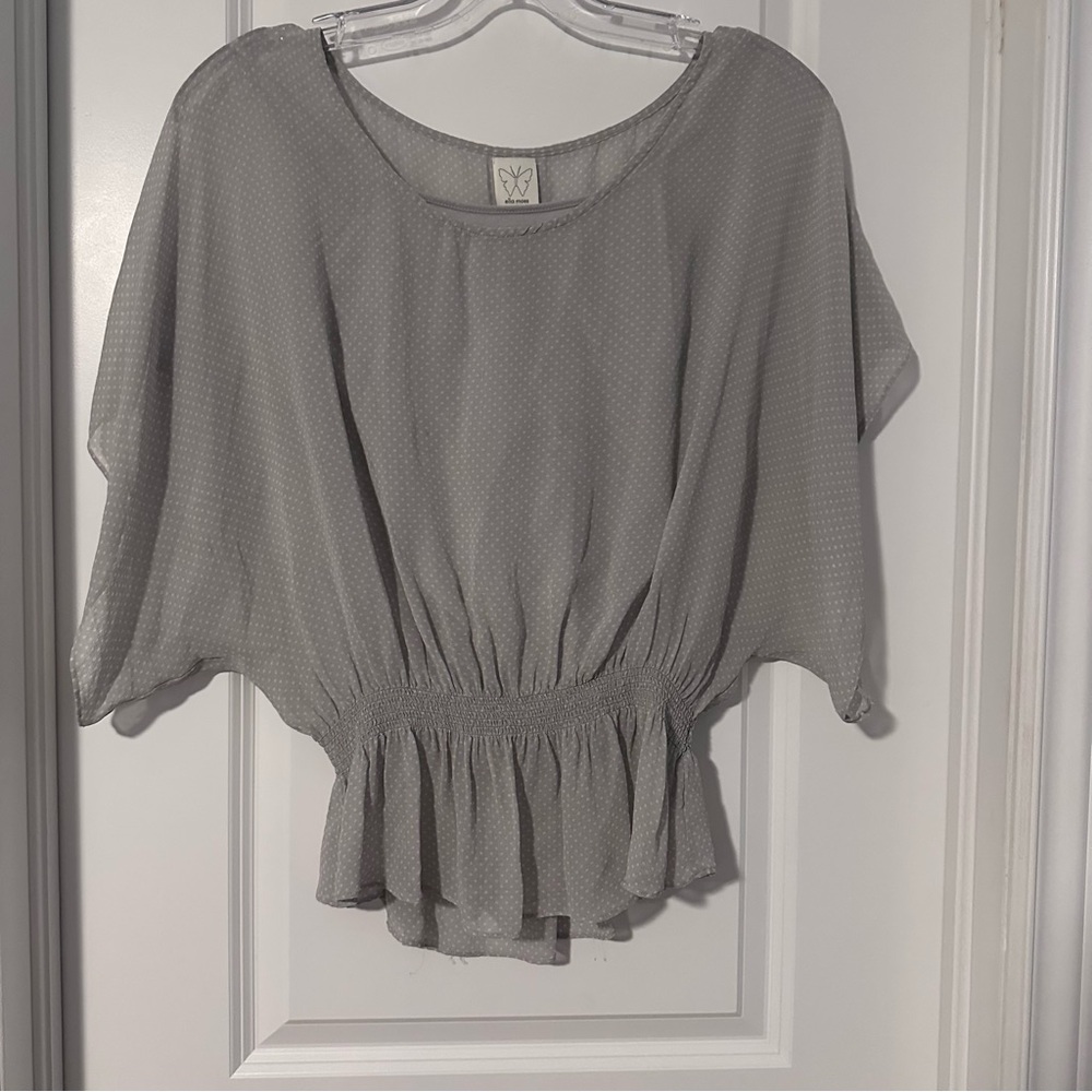 100% Silk Ella Moss Gray Polka Dot Dolman Sleeve Smocked Waist Blouse